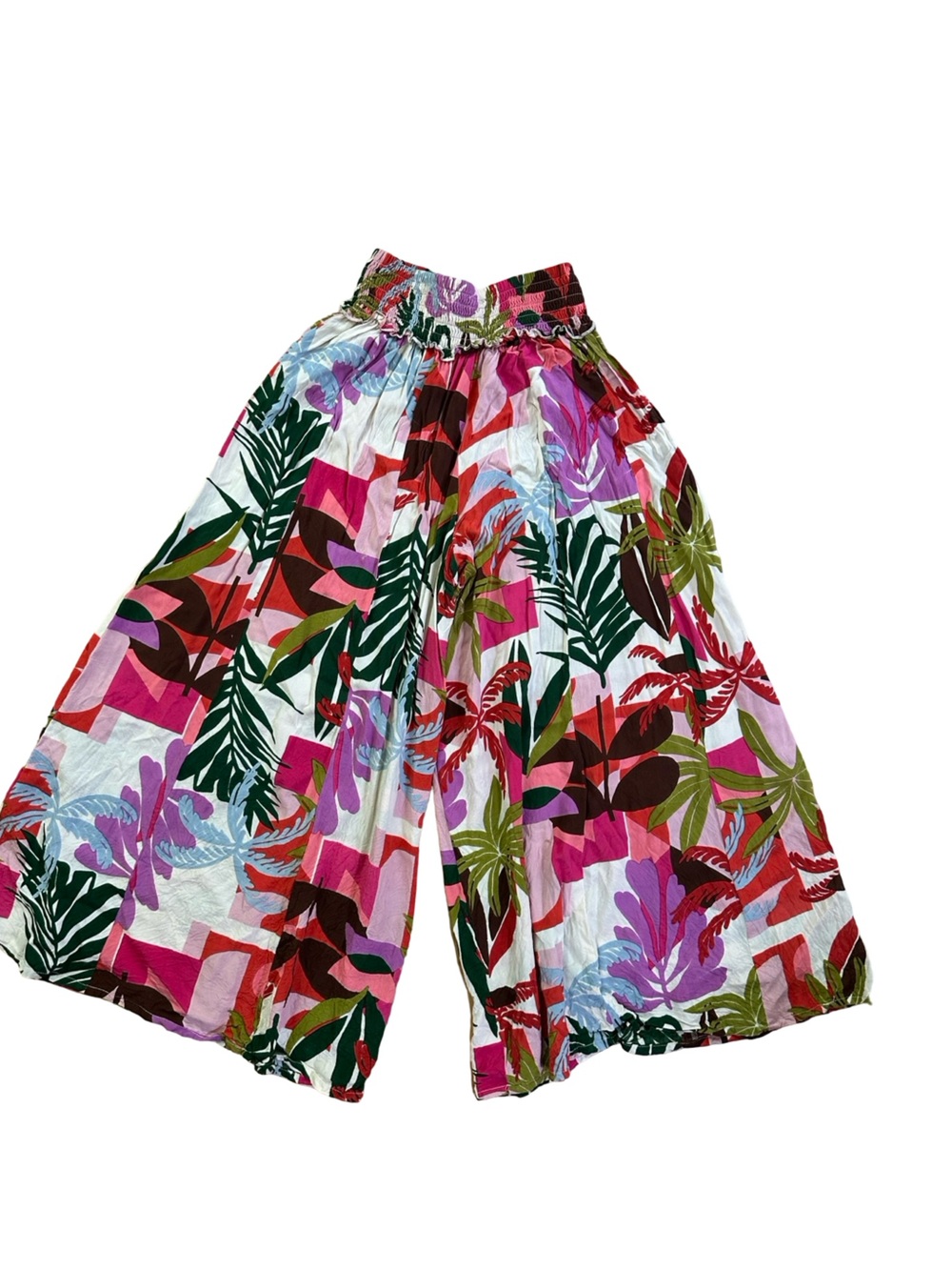 True Destinations Tropical Floral Wide Leg Flowy Palazzo Pants Smocked Waist S